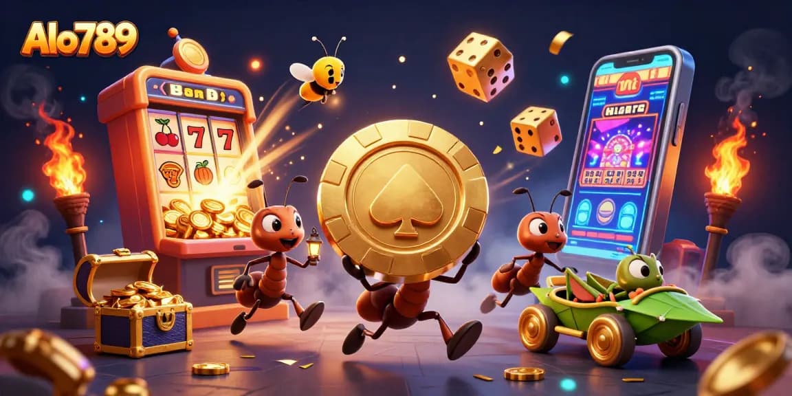 Experience thrilling gameplay at Alo789 with humorous ants, golden chips, and vibrant casino elements.