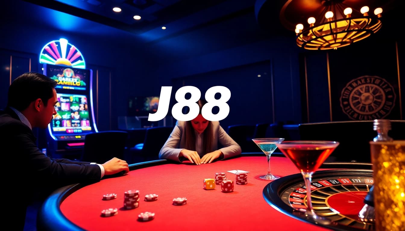 Players engaging intensely at a poker table while enjoying the excitement of J88 casino.