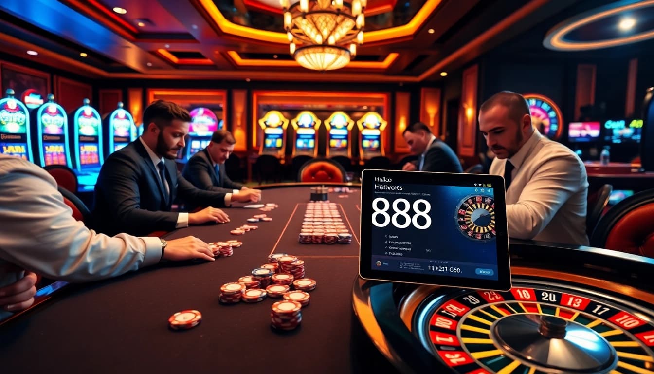 Hello88 players engaged in a thrilling poker game amidst vibrant casino ambiance.