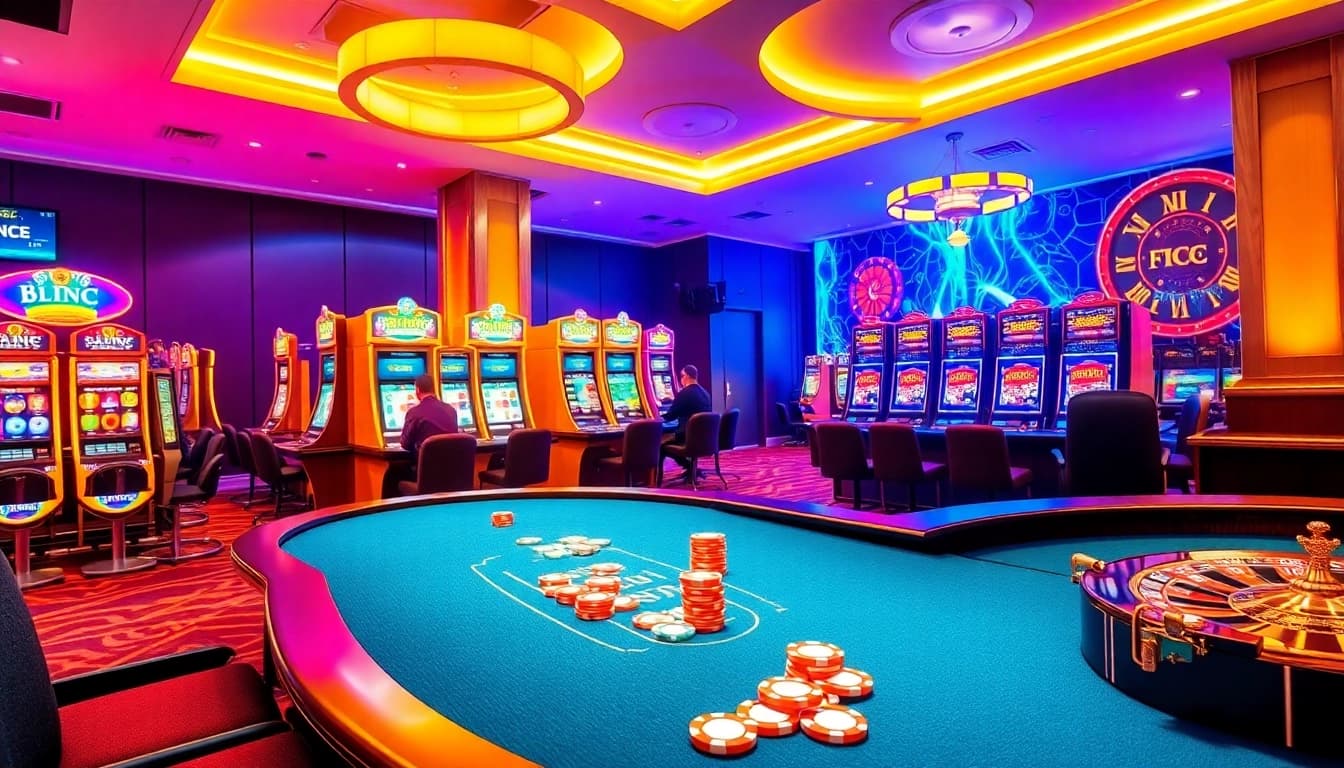 KJC casino scene featuring poker tables and vibrant slot machines for an exciting gambling experience.