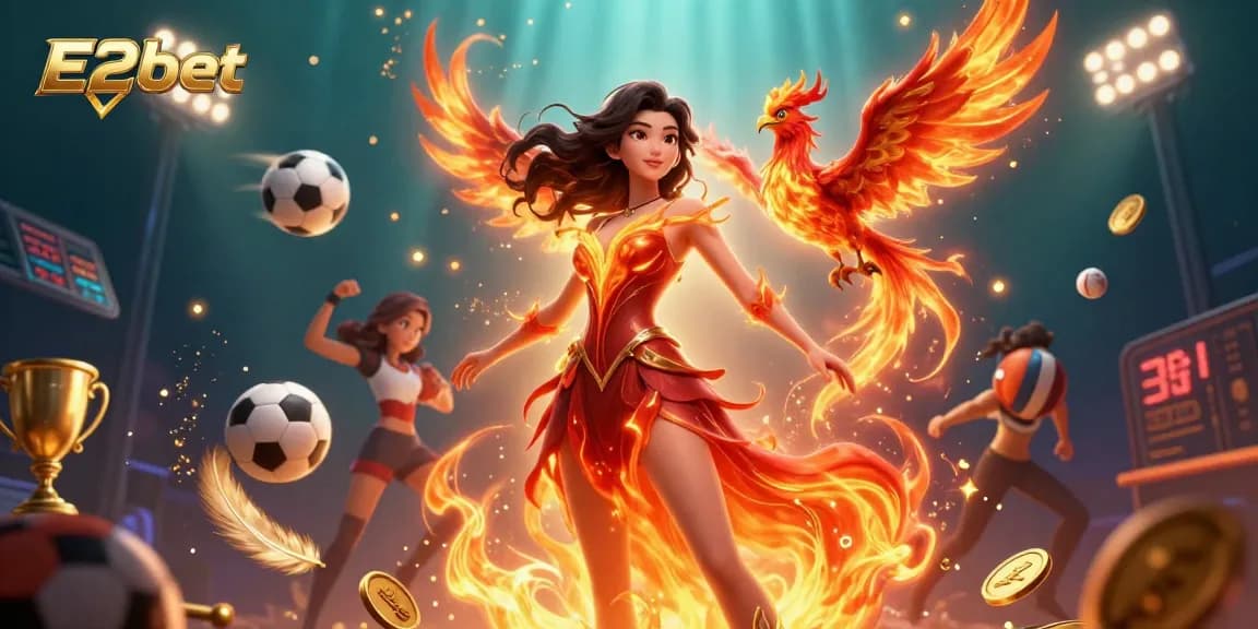 Engage in E2bet with a vibrant 3D illustration showcasing dynamic sports betting elements, energetic atmosphere, and magical characters.