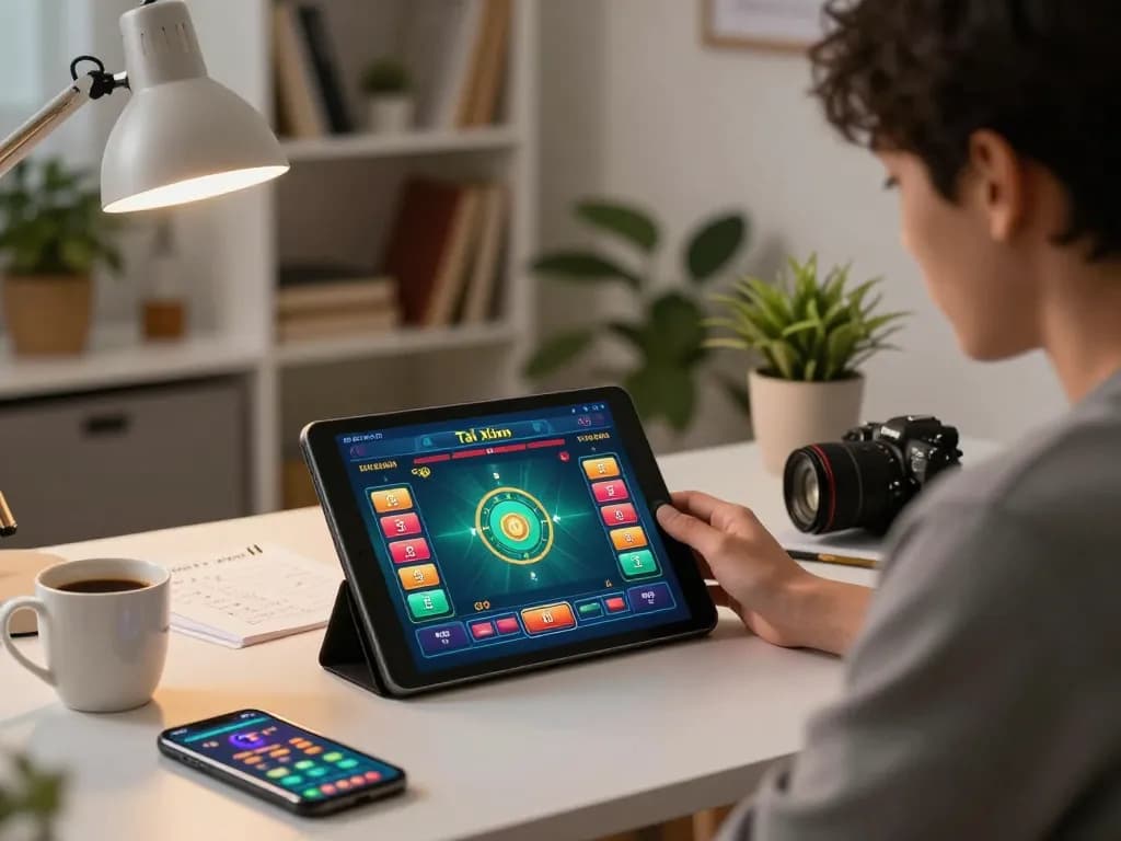 Tài xỉu online gameplay displayed on a tablet, showcasing a vibrant betting interface in a cozy home setting.