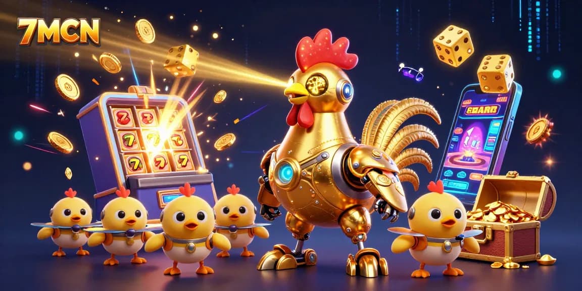 Experience 7MCN's thrilling casino atmosphere with golden rooster robots and jackpot excitement.