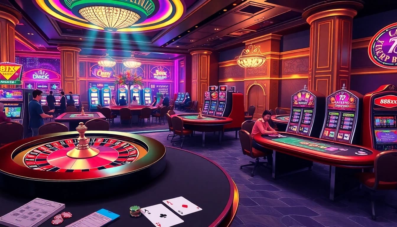 Experience thrilling gameplay at 88xx with vibrant casino visuals showcasing roulette and poker tables.