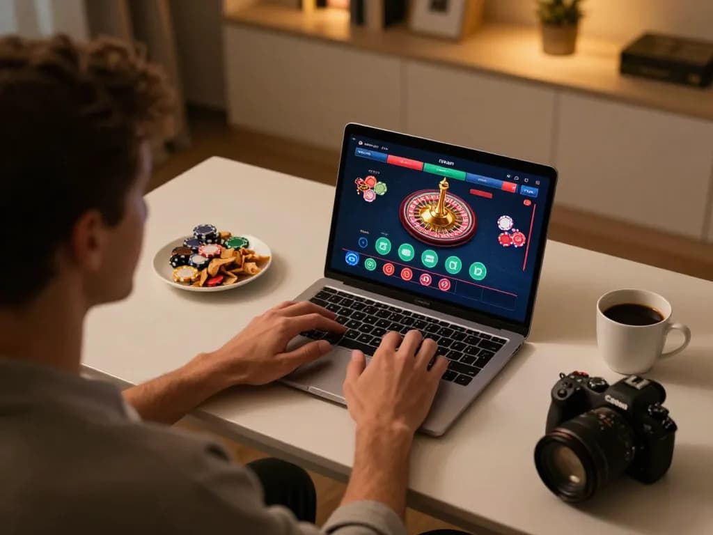 Player using laptop for online gambling at open88, enjoying live dealer roulette in a cozy home setting.