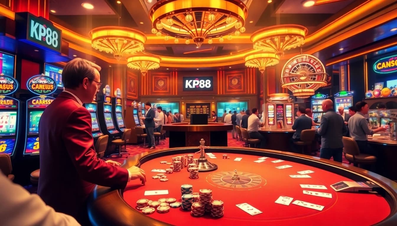 Experience thrilling gameplay at KP88 casino with vibrant slot machines and elegant poker tables.