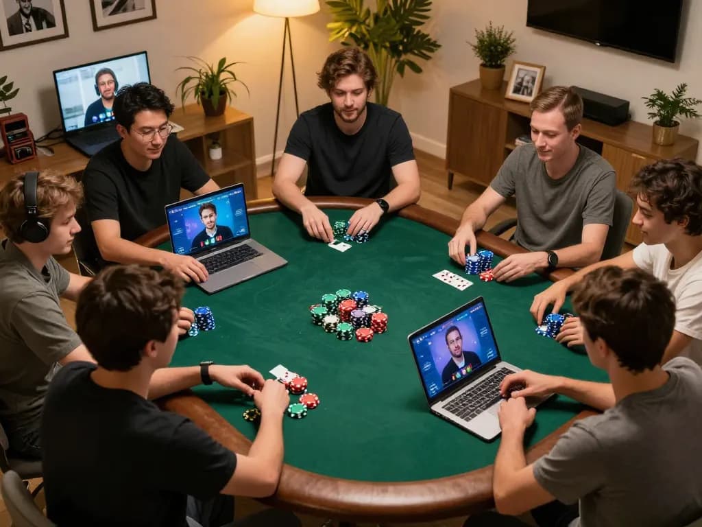 Players engaged in an exciting online poker game session for macan33 with colorful digital chips and screens visible.