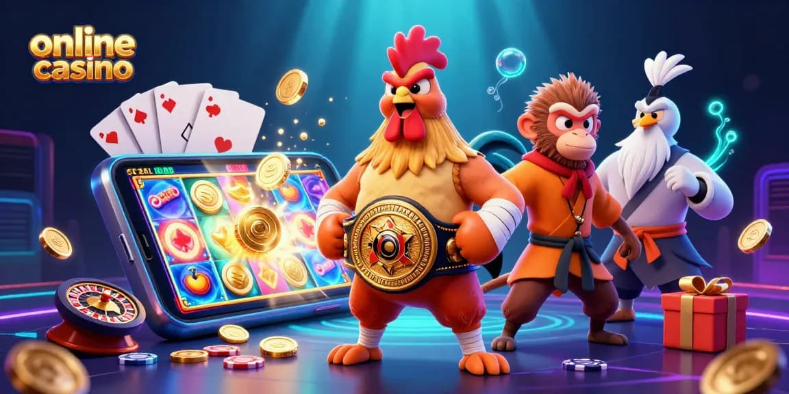 Engaging online casino scene featuring spirited characters amidst vibrant game elements and dynamic visuals