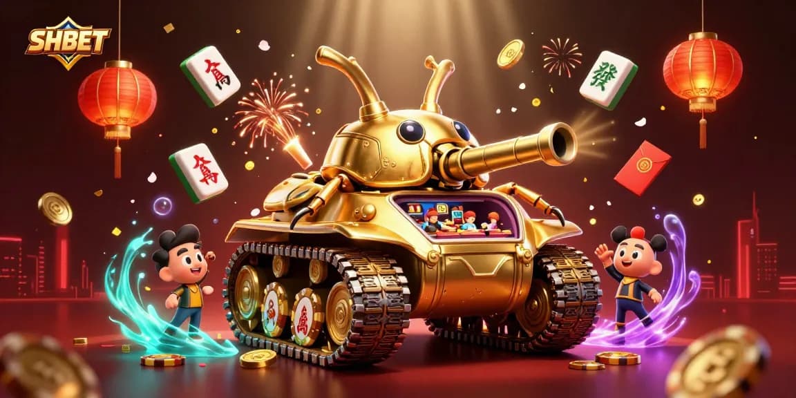 Experience SHBET's vibrant casino action with a 3D illustration featuring lively gaming elements and a golden tank casino!