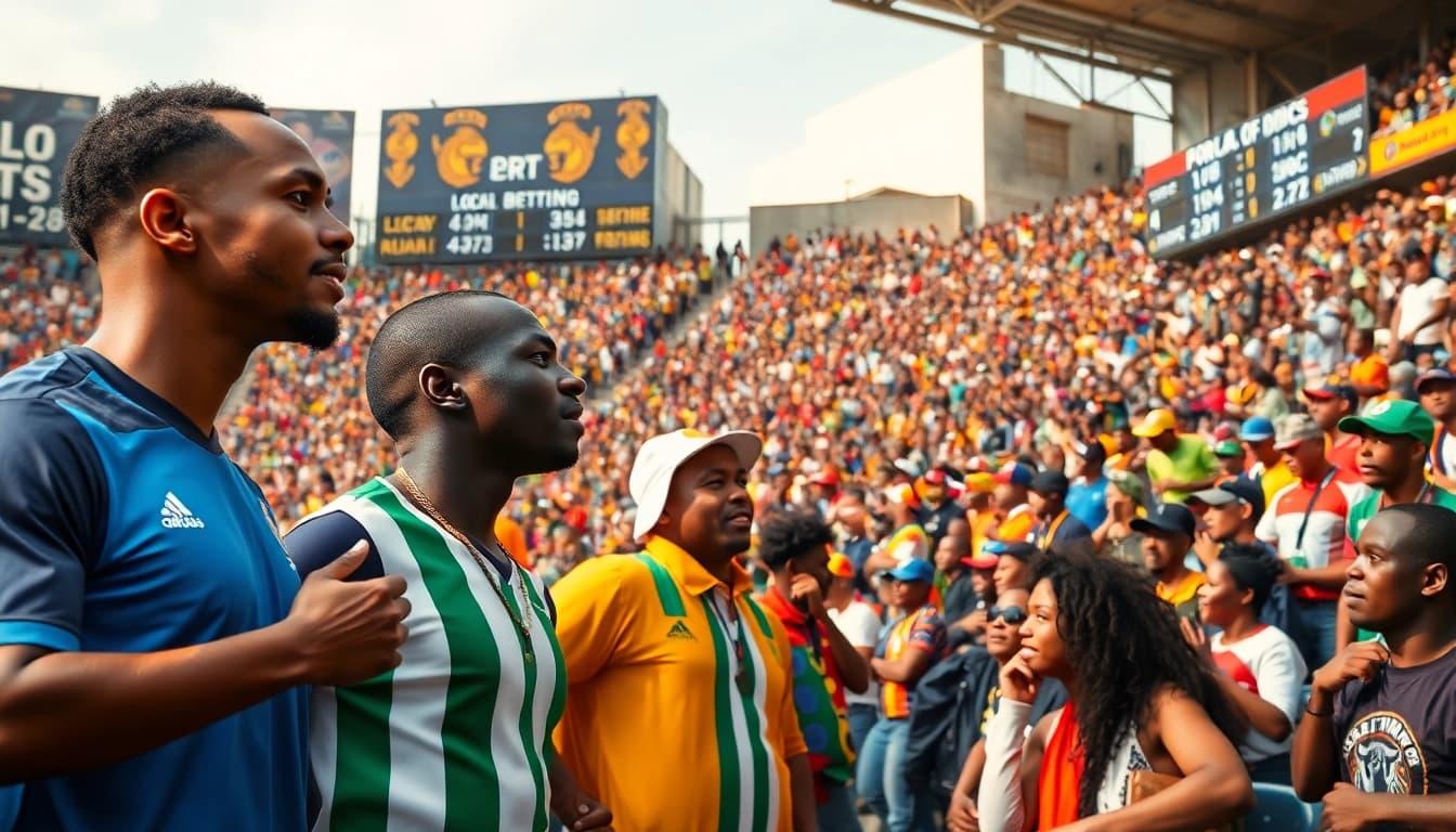 Athletes and fans engaged in Africa sports betting news at a lively stadium.