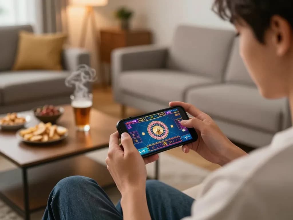 Engaging in live casino games on god55 app in a cozy living room setup