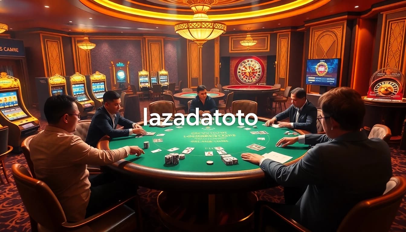 Players immerse in thrilling poker action at a luxurious casino setting with lazadatoto gaming elements.