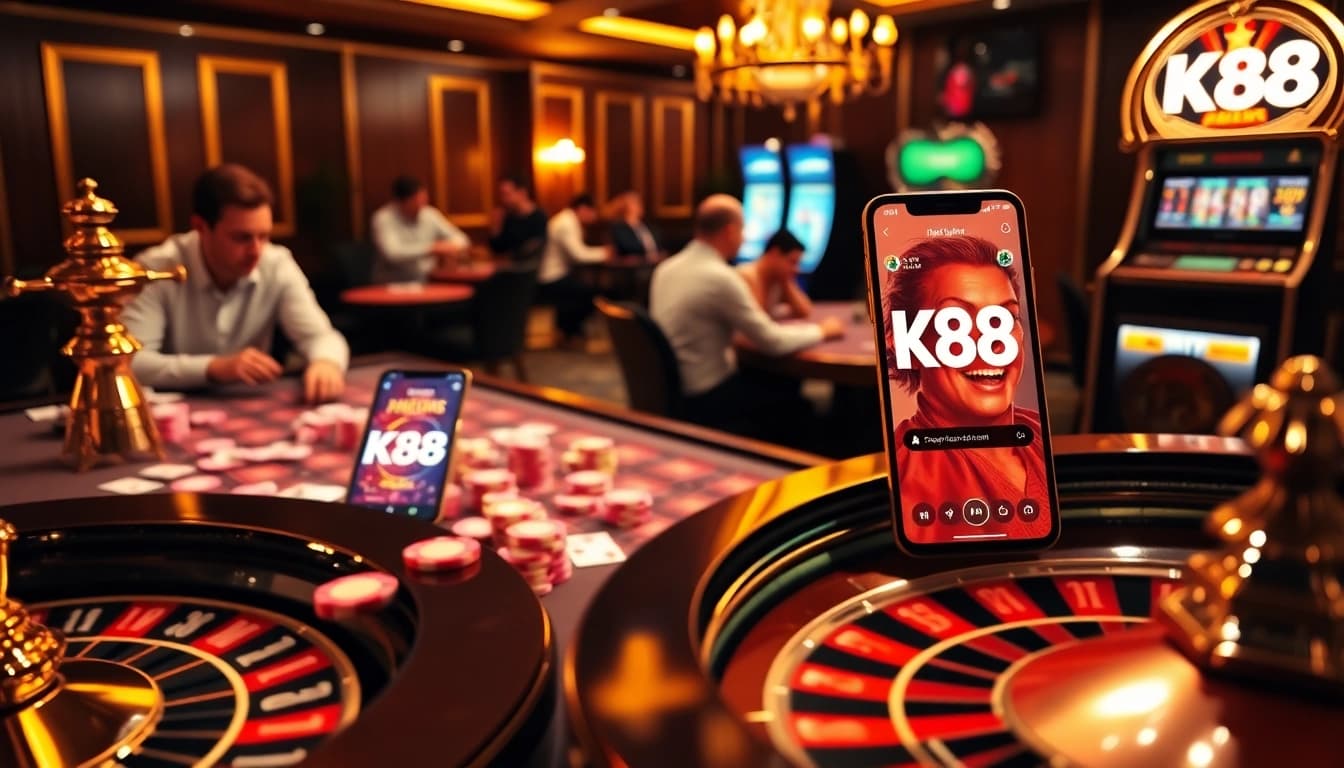 K88 players engaging in an exciting online casino game with vibrant chips and cards.