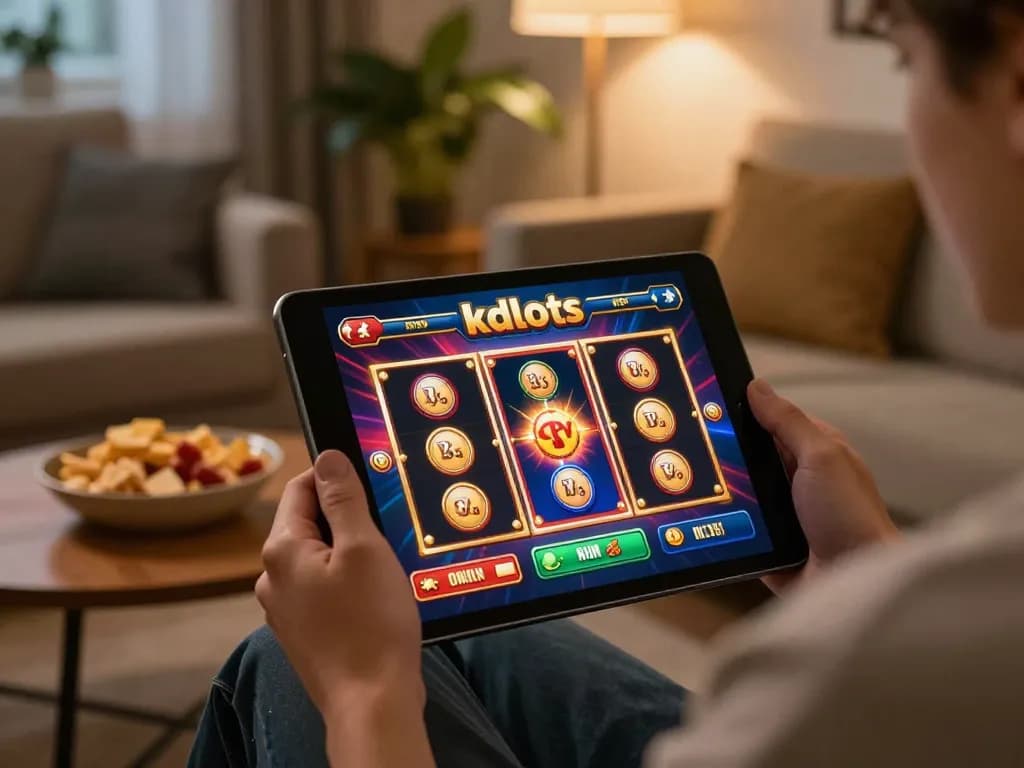 Engage with kdslots on a tablet in a cozy home setting, showcasing online gaming excitement