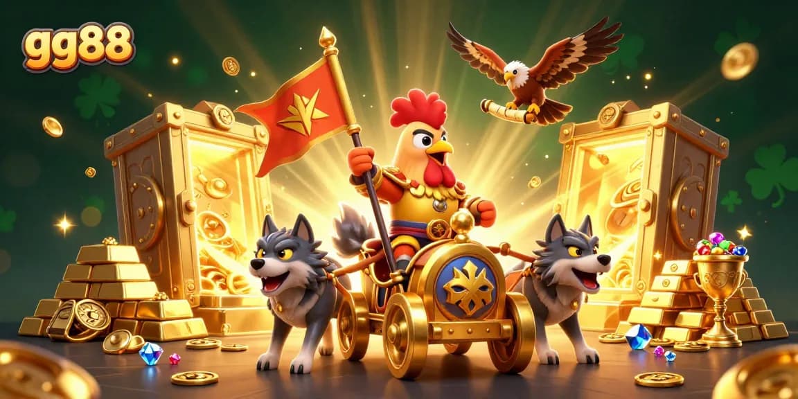 Engage with exciting gg88 casino adventures, featuring a rooster warlord atop a golden chariot surrounded by treasure.