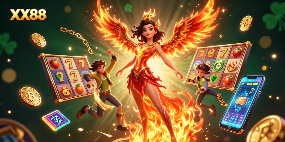 Experience thrilling slot action at XX88 with a fiery phoenix and dynamic gaming elements.