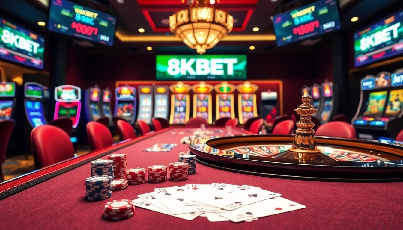 Experience thrilling gameplay at 8KBET with luxurious casino tables, cards, and vibrant slot machines.
