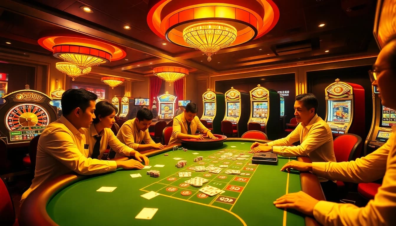 OPEN88 players enjoying an exciting session at a casino table filled with vibrant poker chips and glowing slot machines.