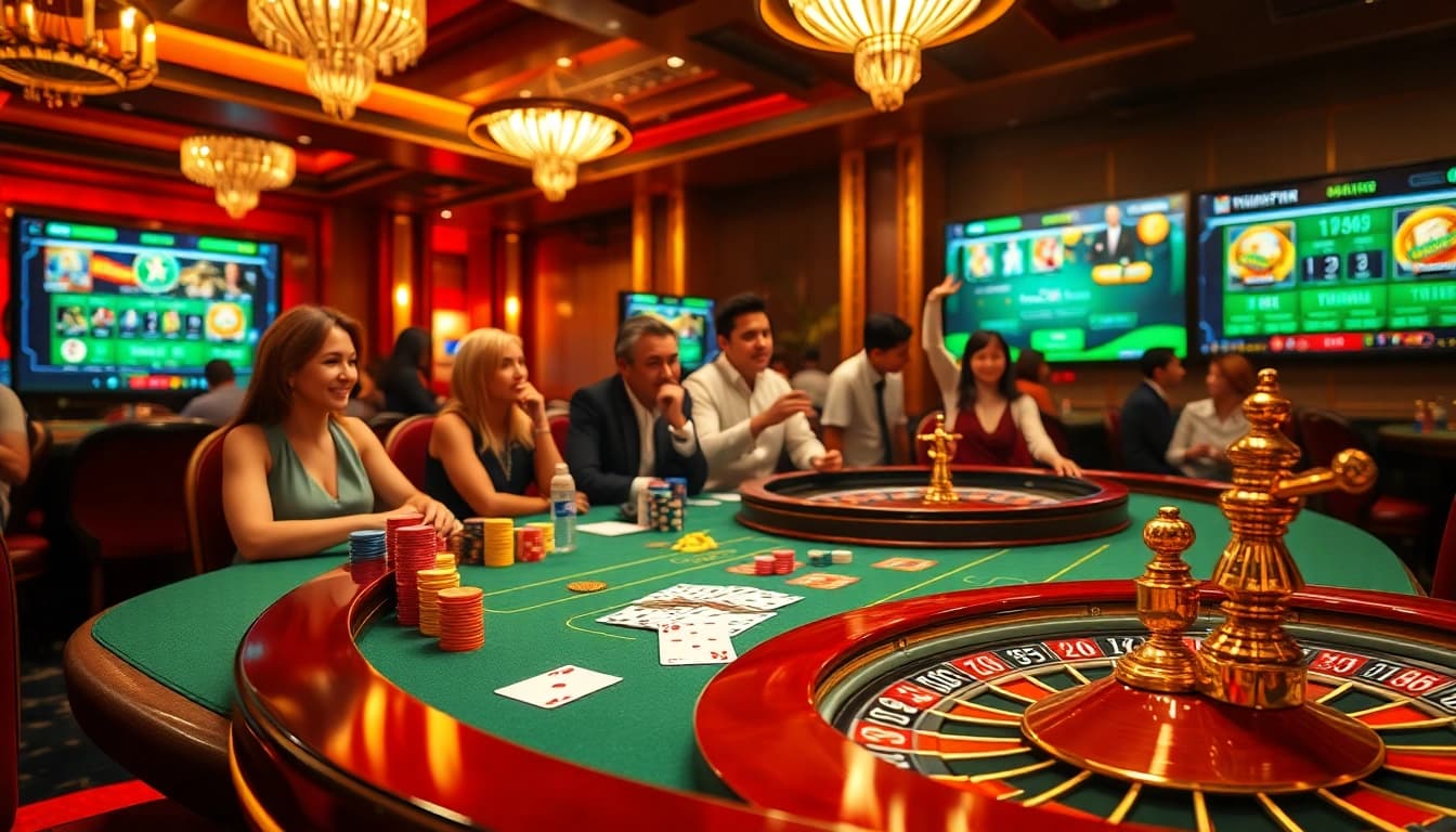 Players enjoying a thrilling game at TK88 casino, featuring poker tables and roulette wheels.