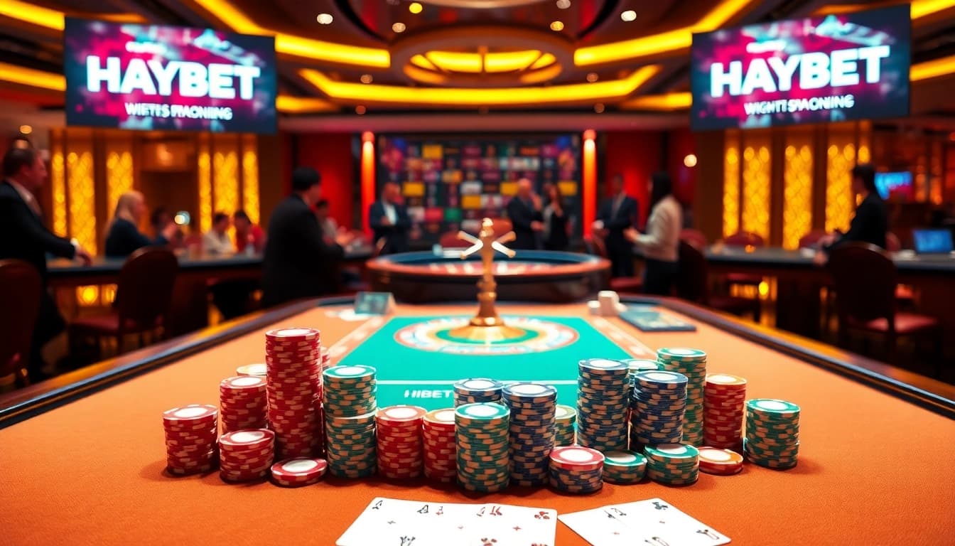 HAYBET players enjoying thrilling poker action at a luxury casino table.