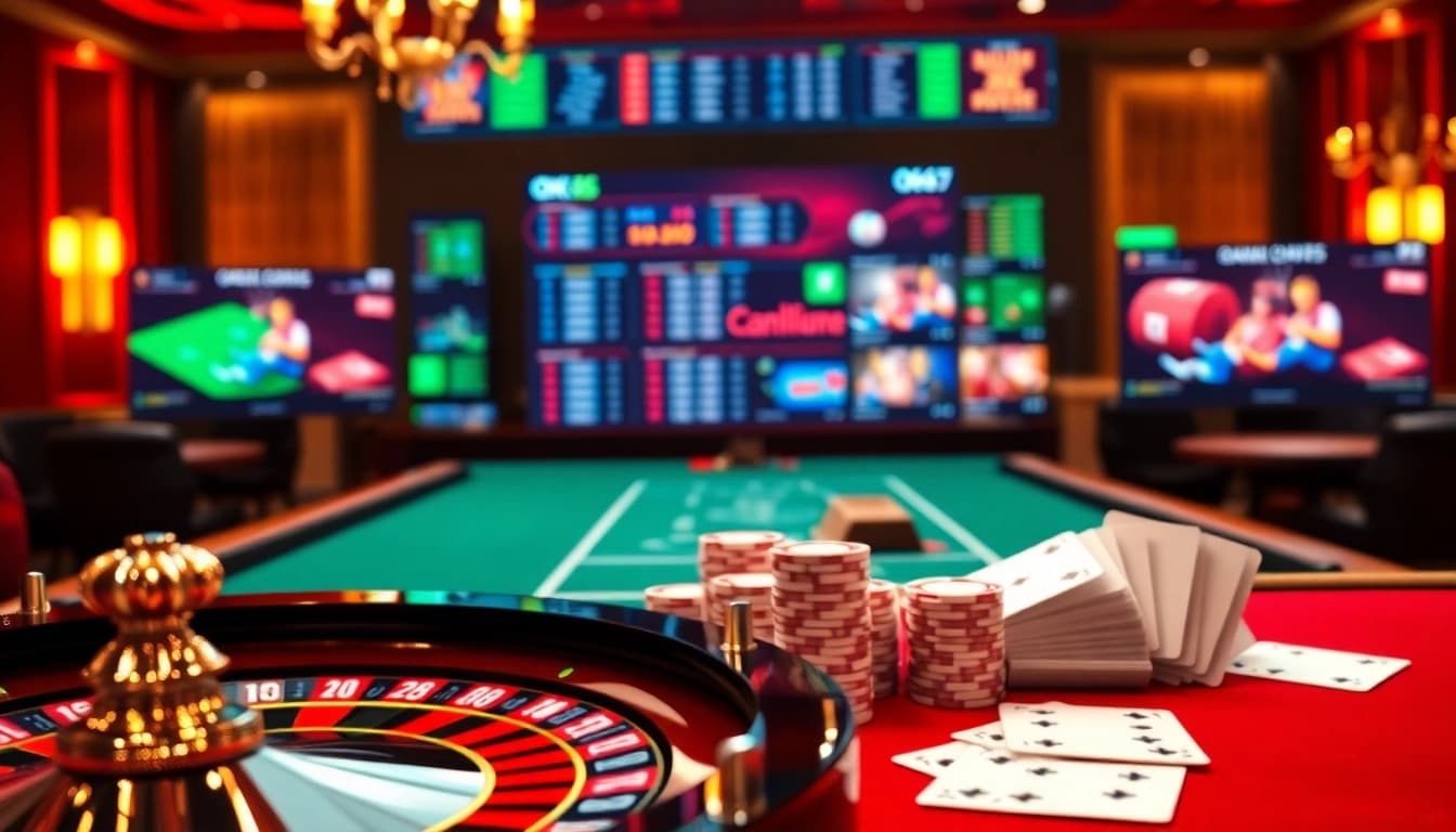 Engaging scene of online gambling at OK365 with roulette wheel, poker chips, and vibrant gaming interface.