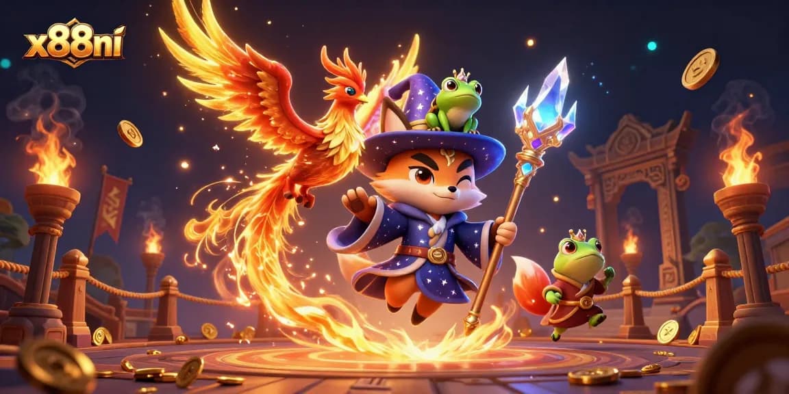 Experience the magic of gaming with x88ni's enchanting wizard fox and phoenix in a vibrant casino environment.