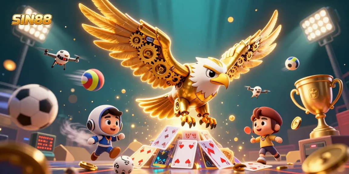 SIN88 showcases a golden eagle diving through holographic cards, surrounded by sports elements and a vibrant casino atmosphere.