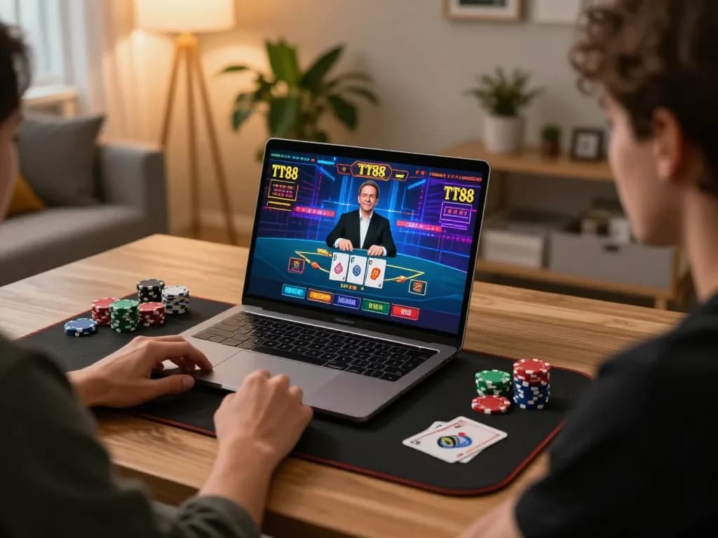 TT88 live dealer gameplay at home, showcasing interactive casino setup with a laptop and warm ambient light.