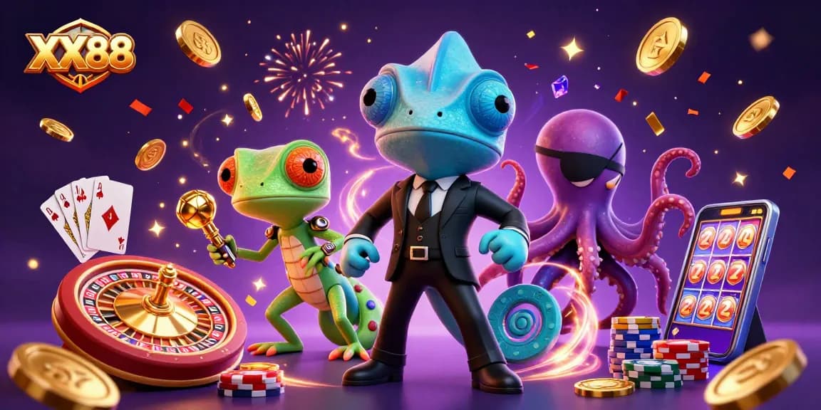 Experience thrilling gaming at XX88 with chameleon, gecko, and octopus in a lively casino scene.
