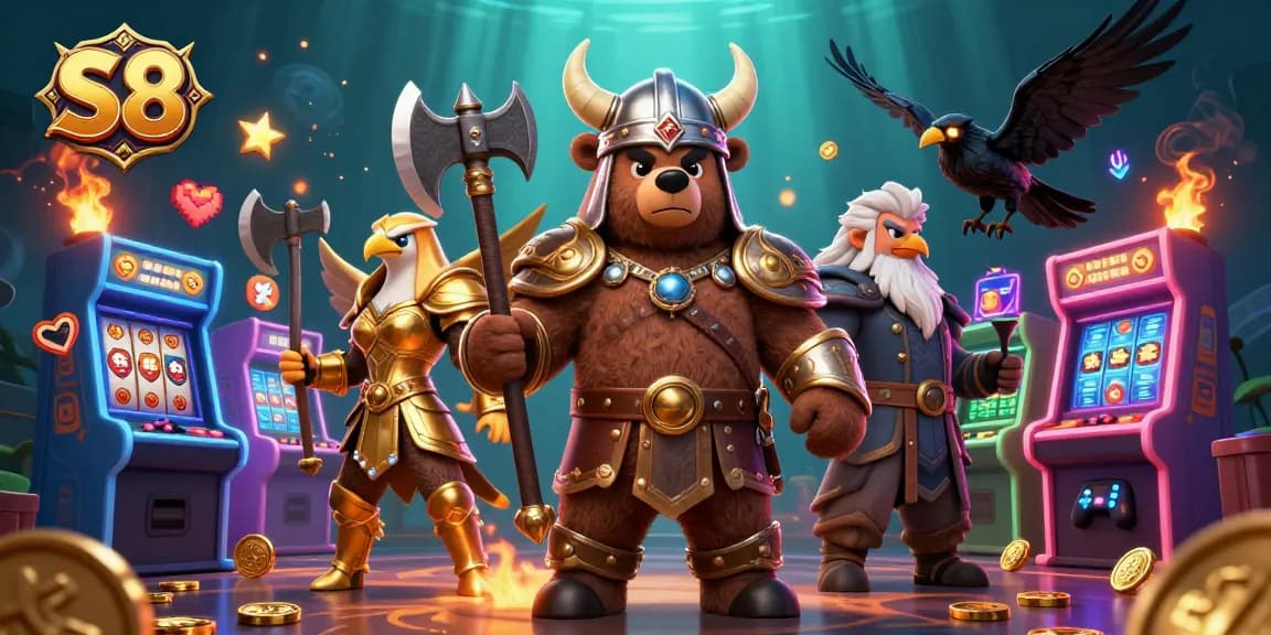 S8 offers thrilling slot games highlighted by a 3D Viking bear and Valkyrie, capturing gaming excitement.