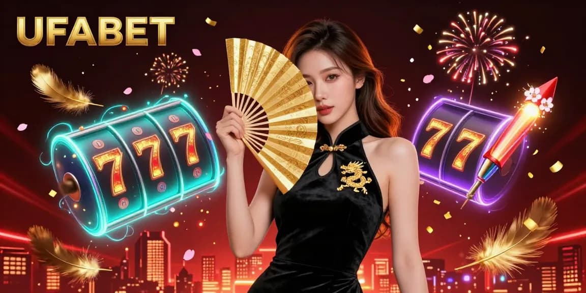 Spin great UFABET slots with this vibrant illustration featuring a beautiful Asian woman and dynamic casino elements.