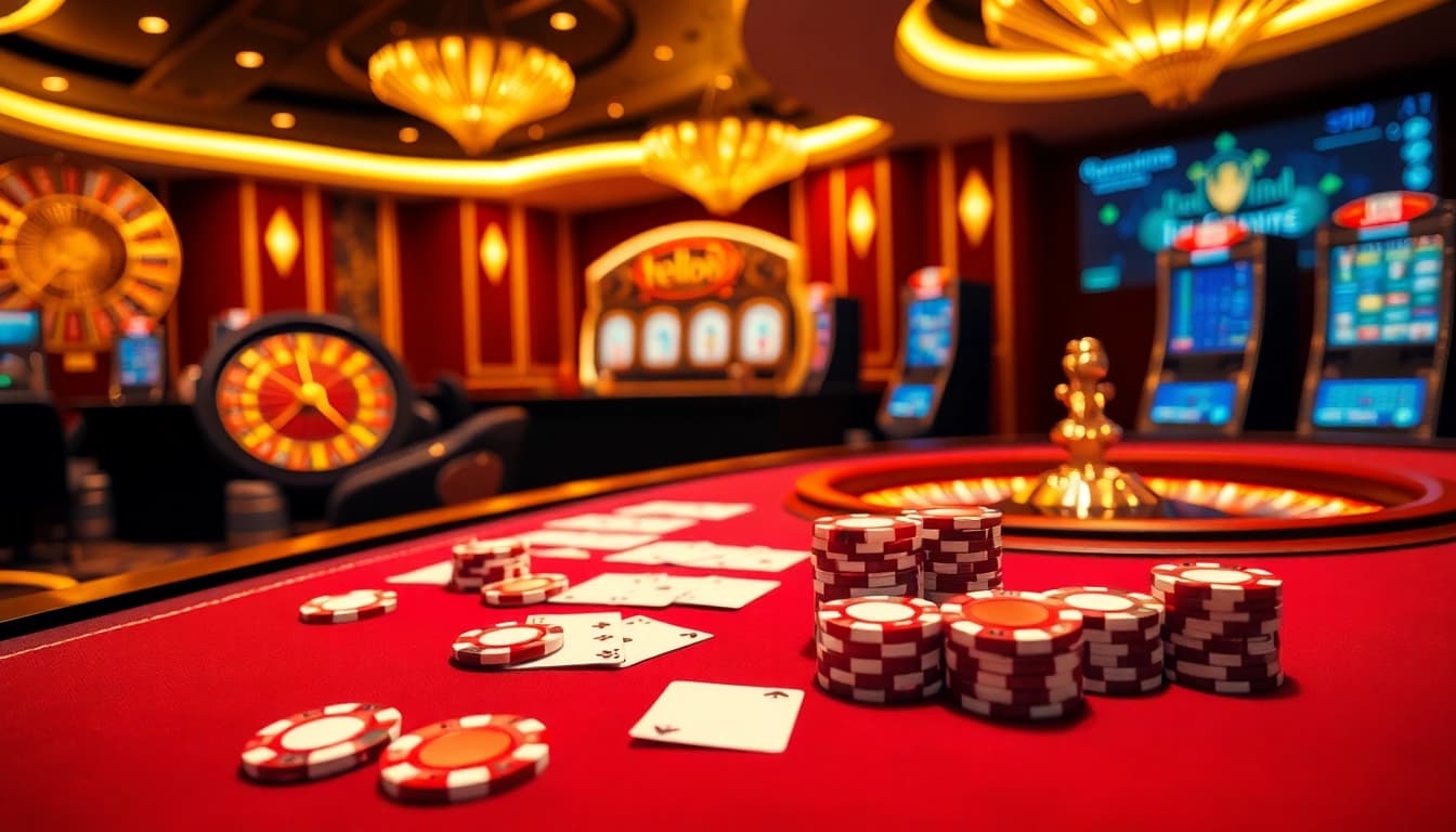 Experience the excitement of casino action at hello88, featuring vibrant gaming tables and slot machines.