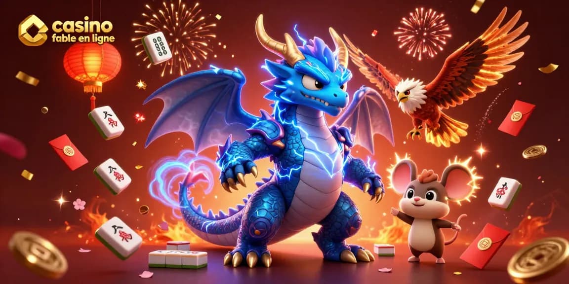 Play exciting games at casino fiable en ligne with powerful dragon and hawk surrounded by festive symbols.