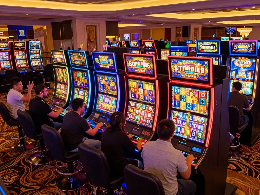 Players enjoying exhilarating wins at situs slot gacor slot machines in exciting casino atmosphere.