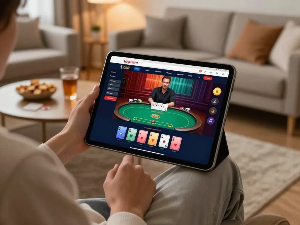 Bermain secara strategis di empire99 sambil menikmati suasana permainan di rumah yang nyaman dengan poker ditampilkan di tablet