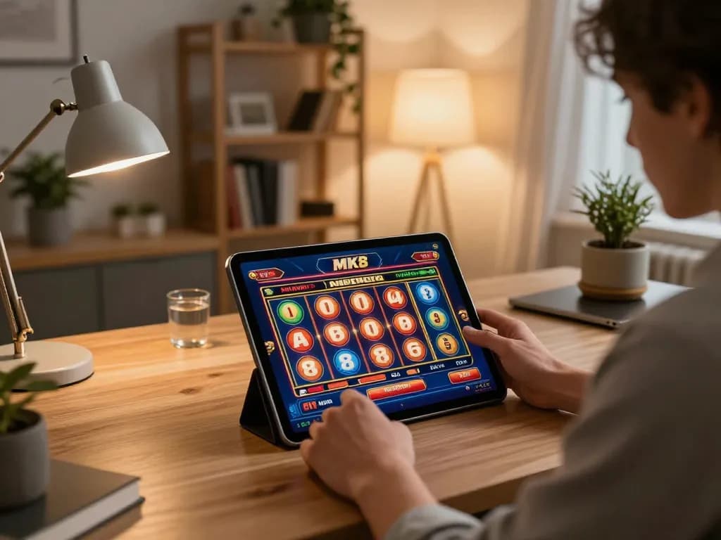 Person playing slots on https://mk8th.net/ at home with tablet, showcasing excitement in a cozy environment