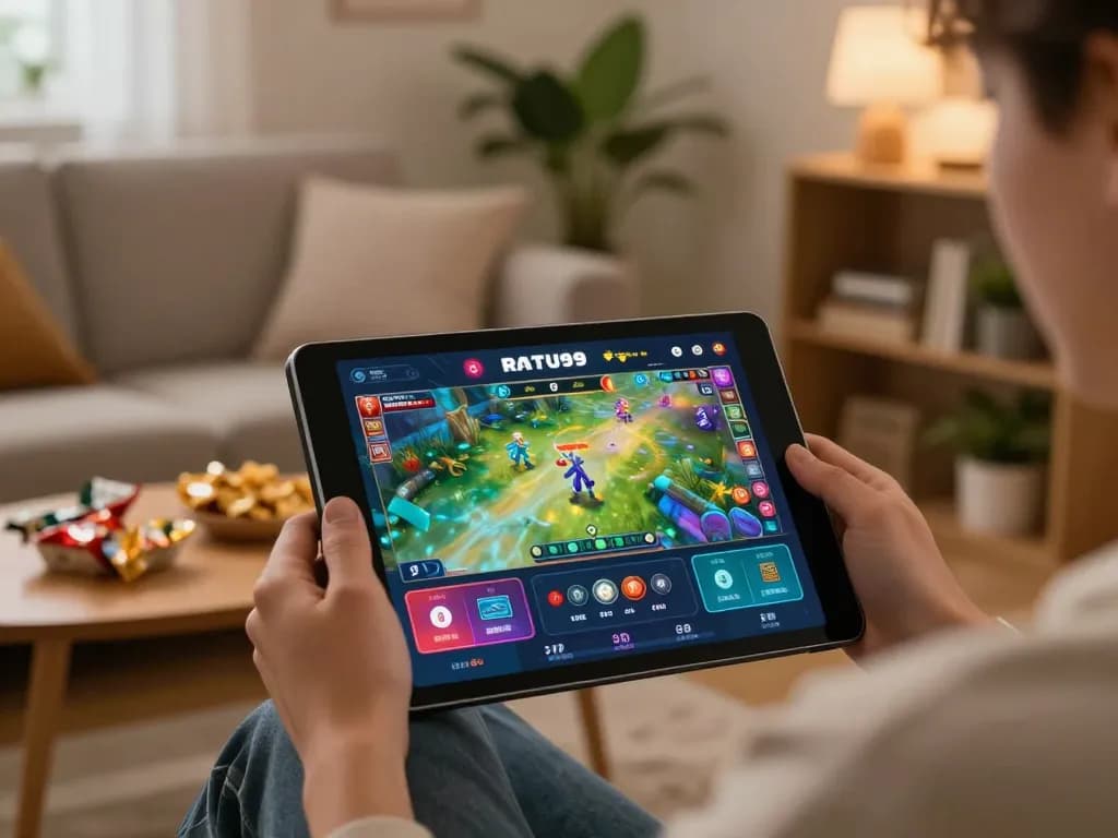Pemain terlibat dalam permainan online RATU99, menampilkan antarmuka yang cerah di lingkungan rumah yang nyaman dengan camilan