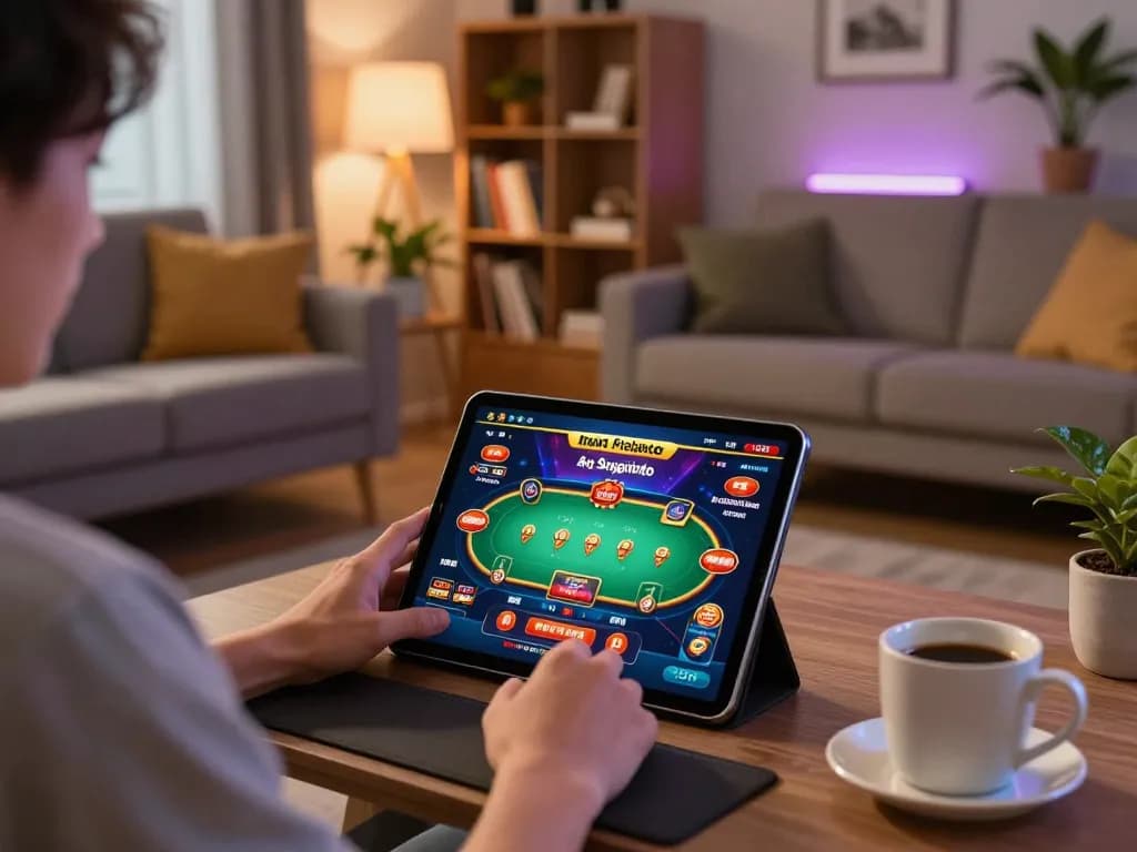 Engage with apk sungaitoto in a cozy home gaming setup featuring a tablet displaying poker.