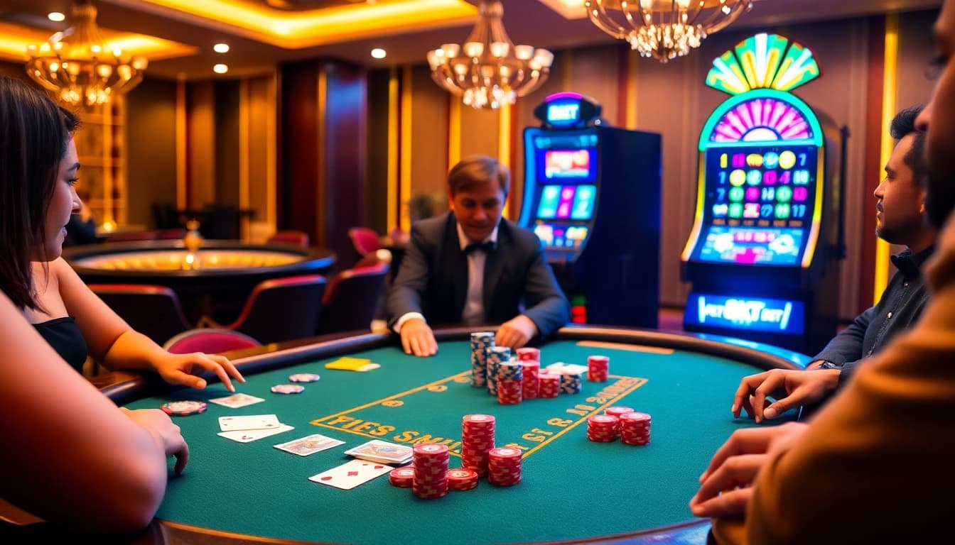 Players engaging at a poker table in an elegant casino scene featuring 8kbet.
