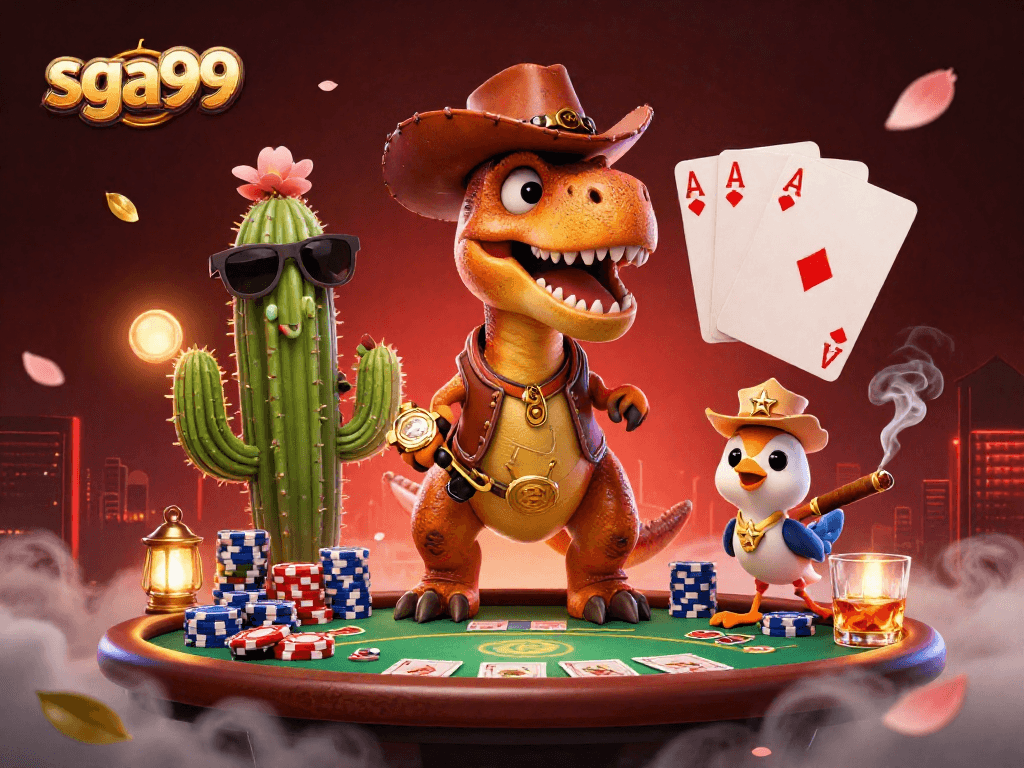 Play poker with sga99's thrilling characters in this vibrant 3D casino scene illustrating excitement.