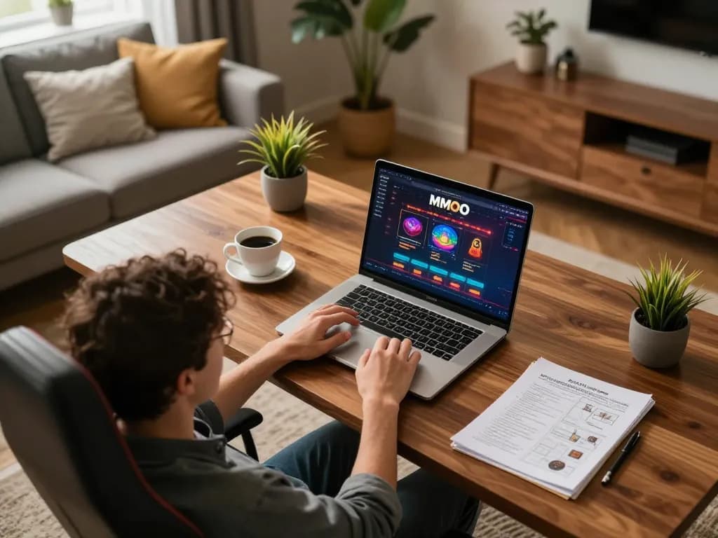 Engaging with the MMOO online casino interface from a comfortable home setup, perfect for strategic betting.