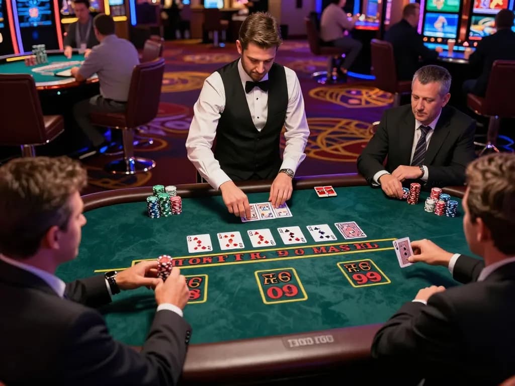 Go99 players engaging in a high-stakes blackjack game, highlighting strategy and anticipation.