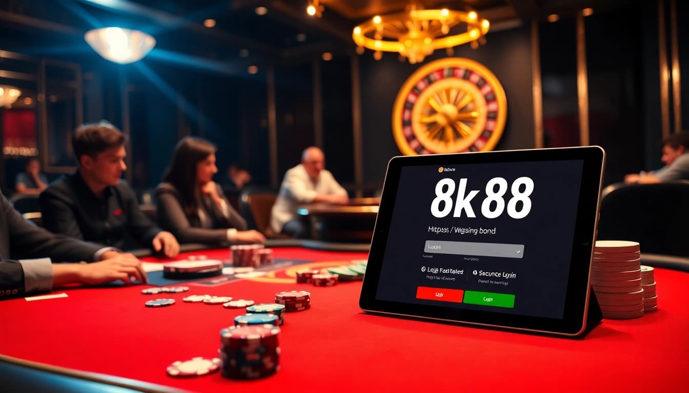 Play thrilling casino games at https://gk88.bond/ featuring poker tables, chips, and a roulette wheel.