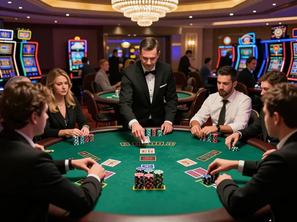 CM88 blackjack table action with vibrant focus on players and dealer in an upscale casino setting.