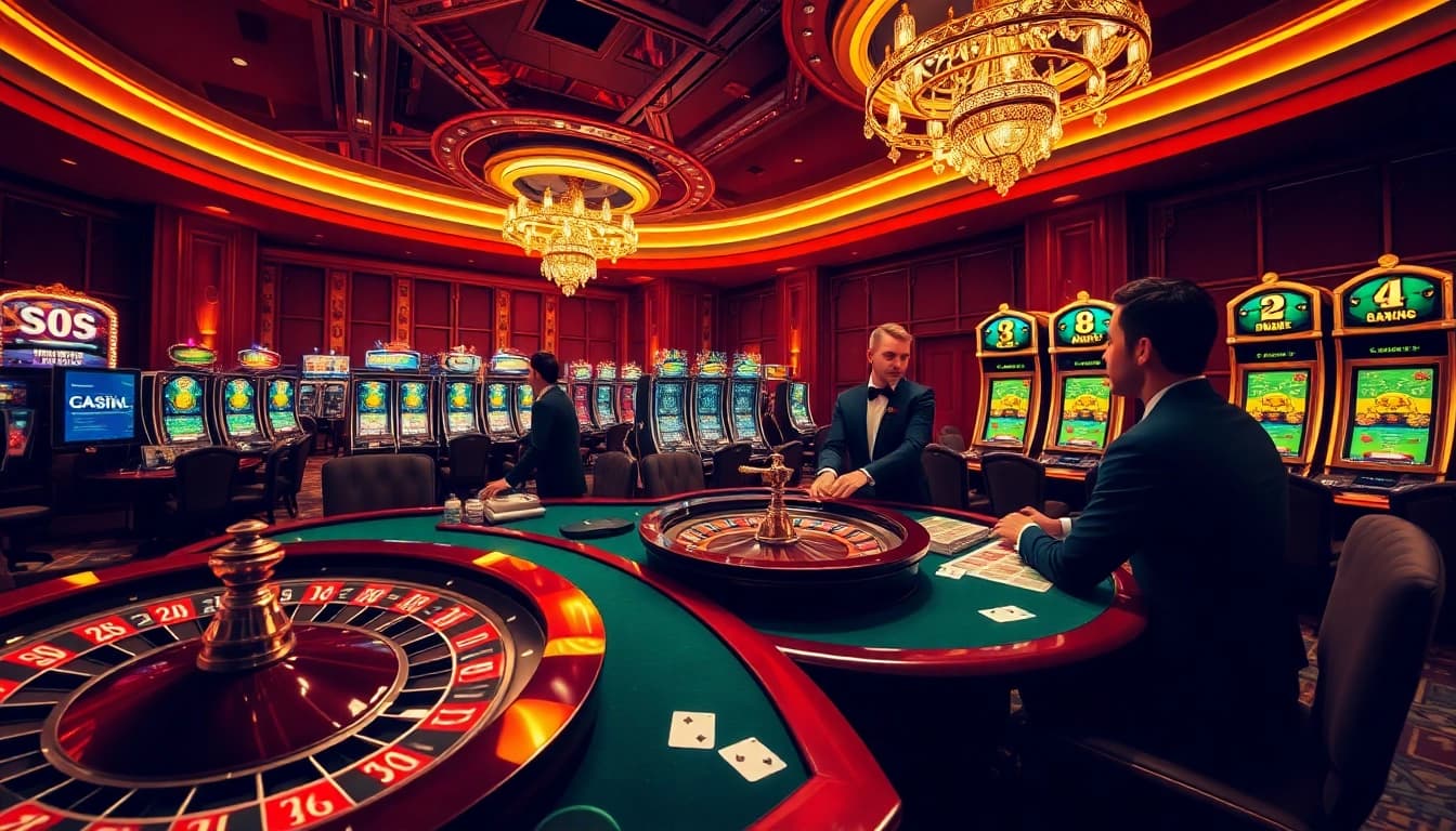 Experience the thrill of S8 gaming at a luxurious casino with vibrant poker and roulette tables.