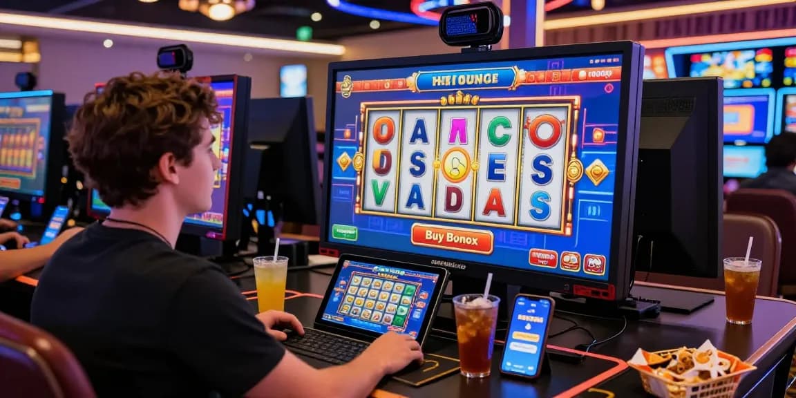 A player experiencing the excitement of cocomaya bonus buy slots on a modern online casino, showcasing vibrant screen animations and a lively gaming atmosphere.