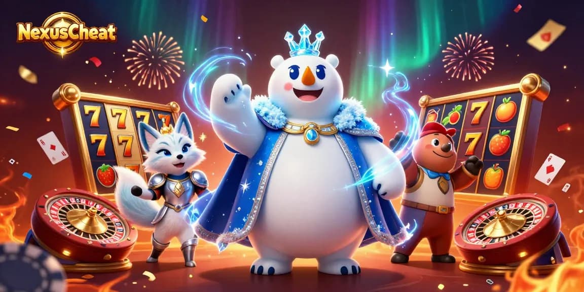 NexusCheat showcases a vibrant 3D casino scene featuring characters amidst slot reels and festive elements.