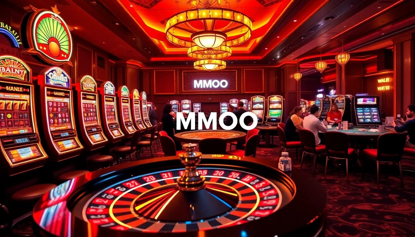 Exciting gameplay scene at a luxury casino showcasing MMOO slot machines and poker tables.