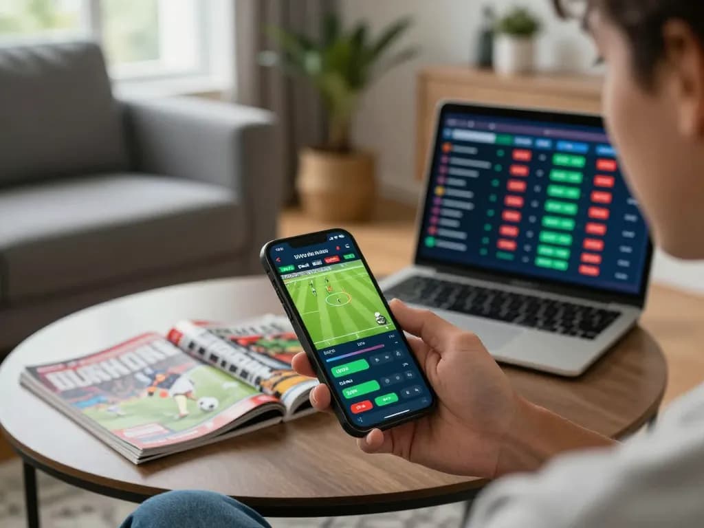 Person engaging in sports betting on vsbet app, analyzing live odds in a cozy home setting.