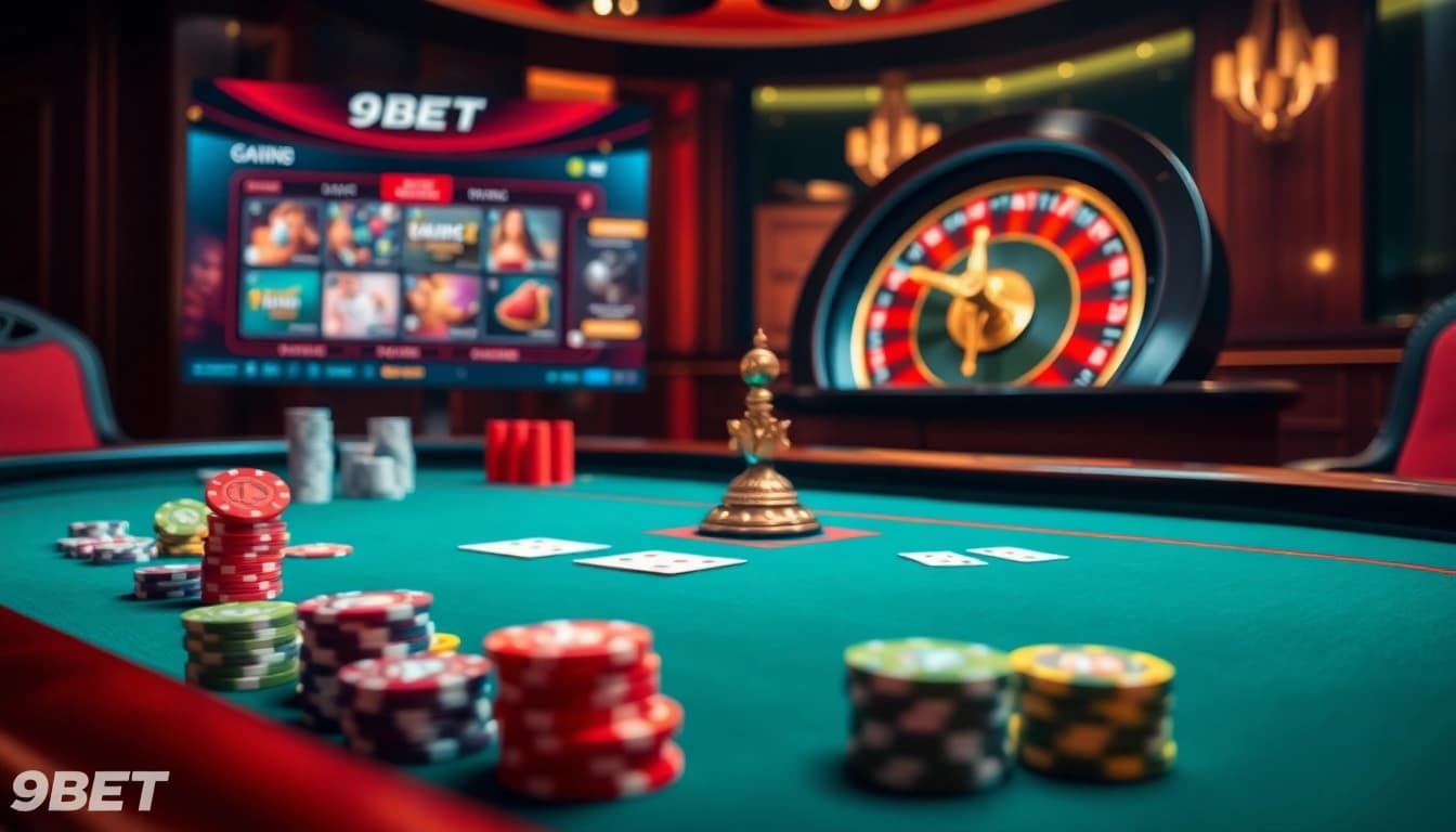 Players engaging in thrilling online betting at the luxurious 9BET casino interface, showcasing poker and roulette.